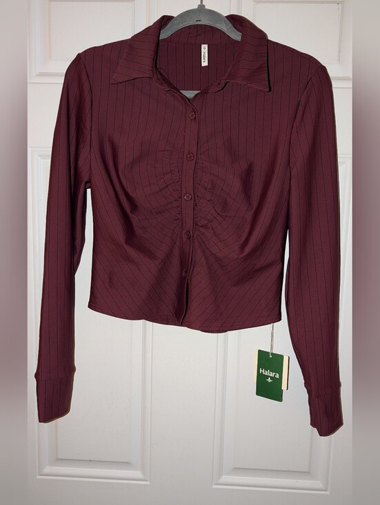 HALARA Tops - Halara Ruched Long Sleeve Curved Hem InstantCool Work Shirt Wine Black NWT